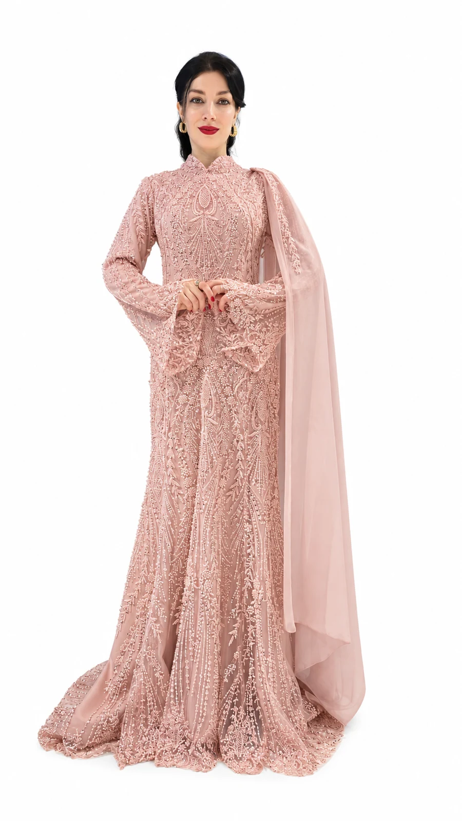 Dusty rose cape gown
