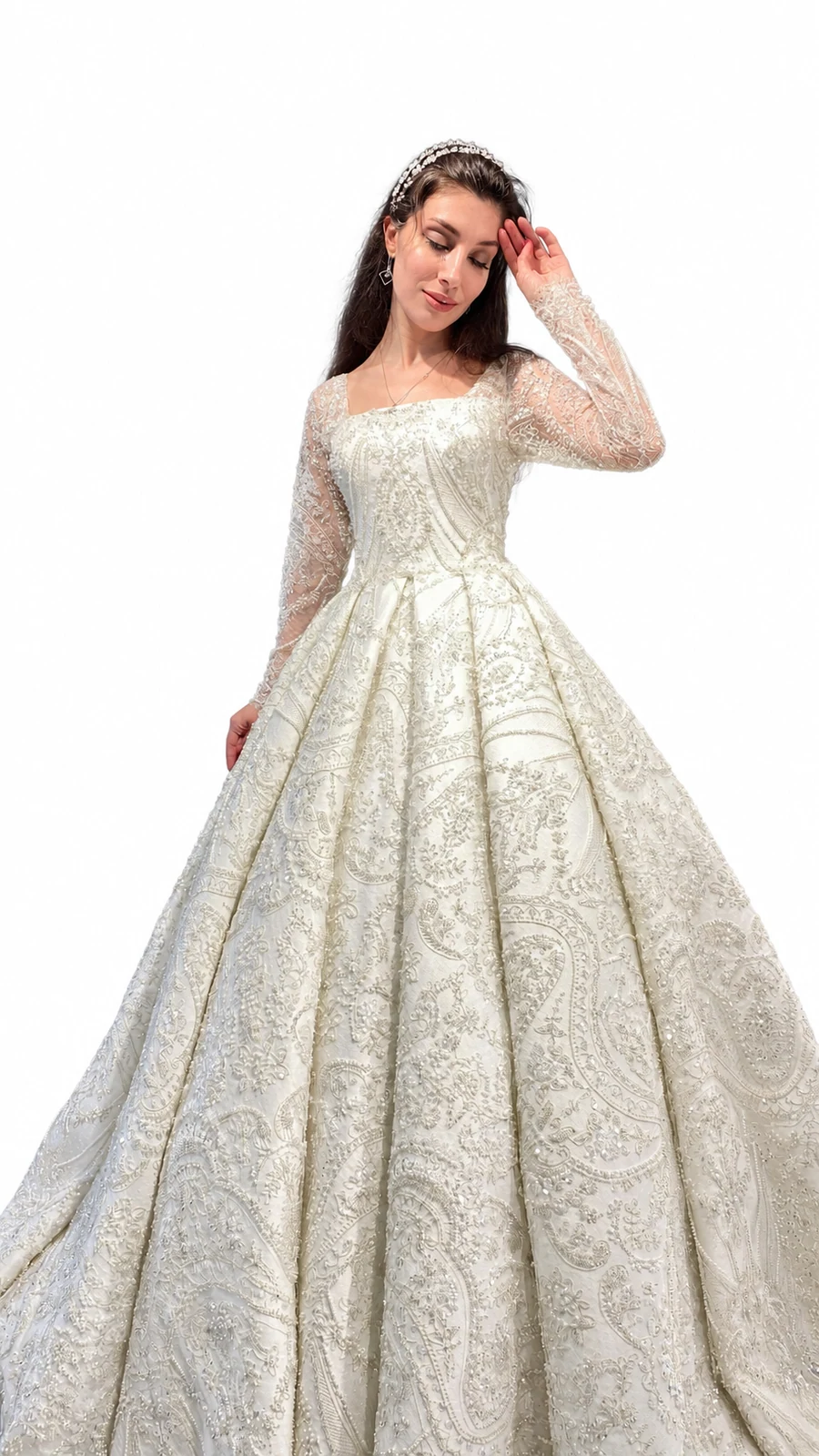 Ivory scroll-embroidered gown