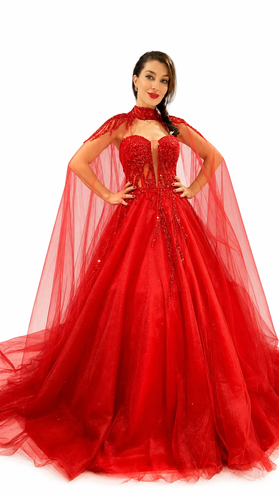Red embellished cape gown