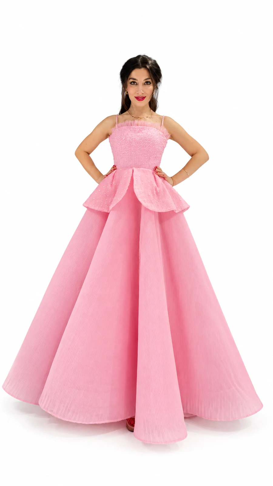 Pink beaded peplum gown