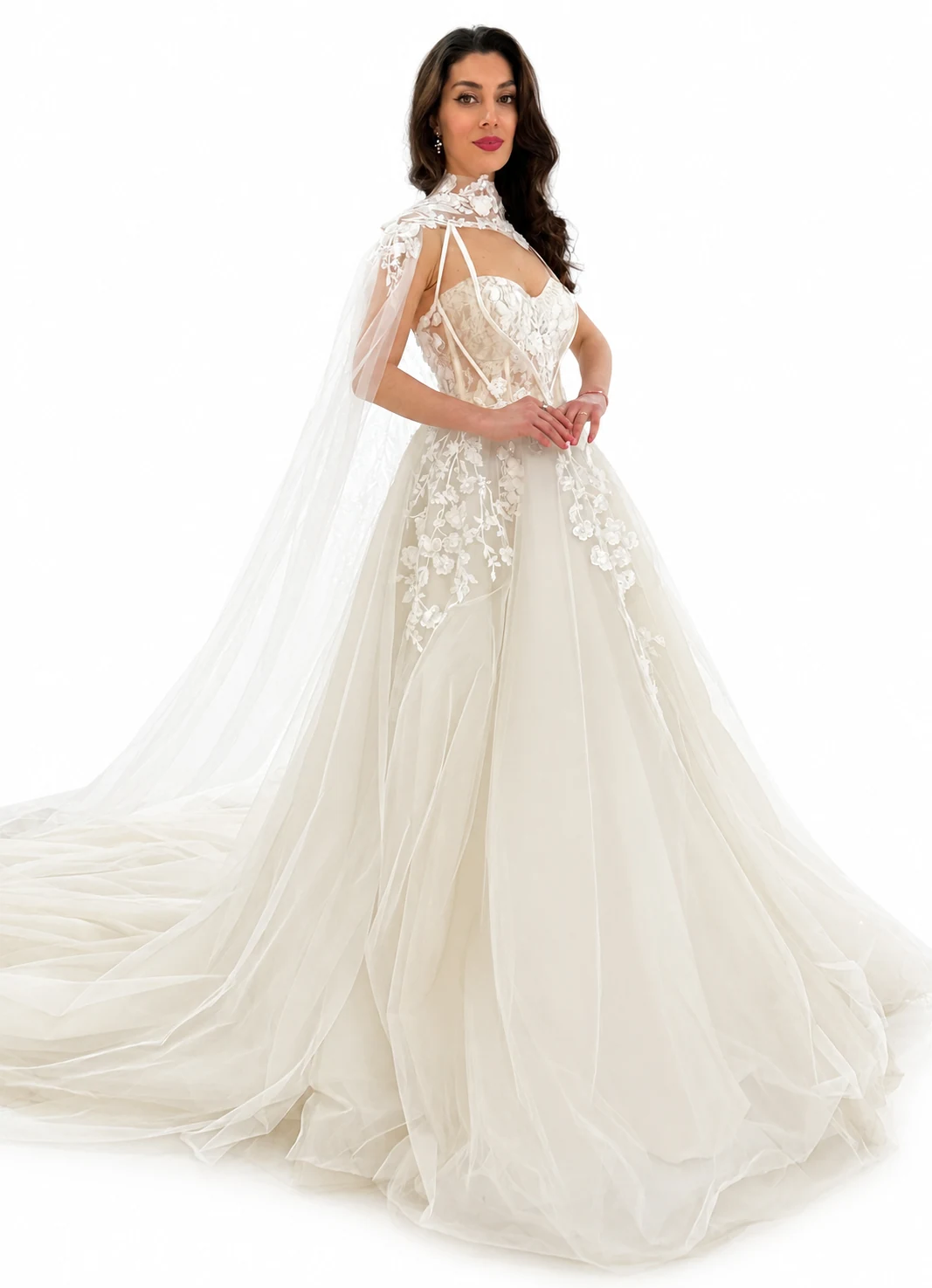 Floral appliqué cape gown