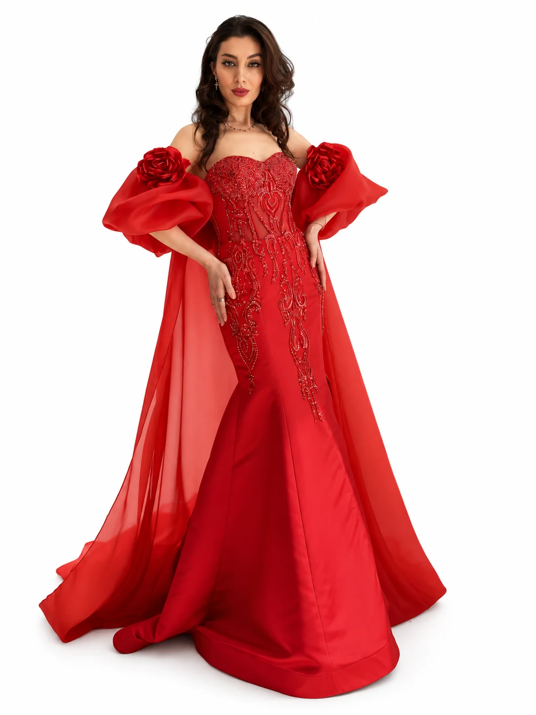 Red rose-sleeve mermaid gown